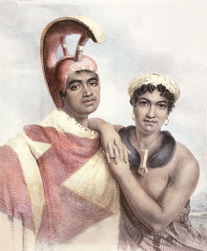 Boki, Governor of Oahu, and his wife Liliha wearing a lei niho palaoa after a painting by John Hayter, 1824
